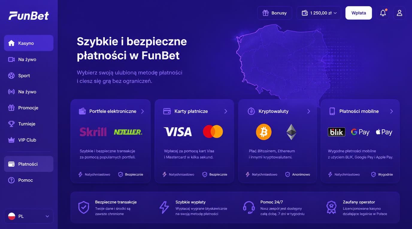 Interfejs kasyna z ikonami metod płatności i mapą Polski w tle