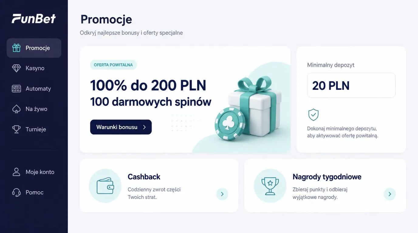 Panel oferty powitalnej z bonusem 100% do 200 PLN, 100 darmowymi spinami i minimalnym depozytem 20 PLN