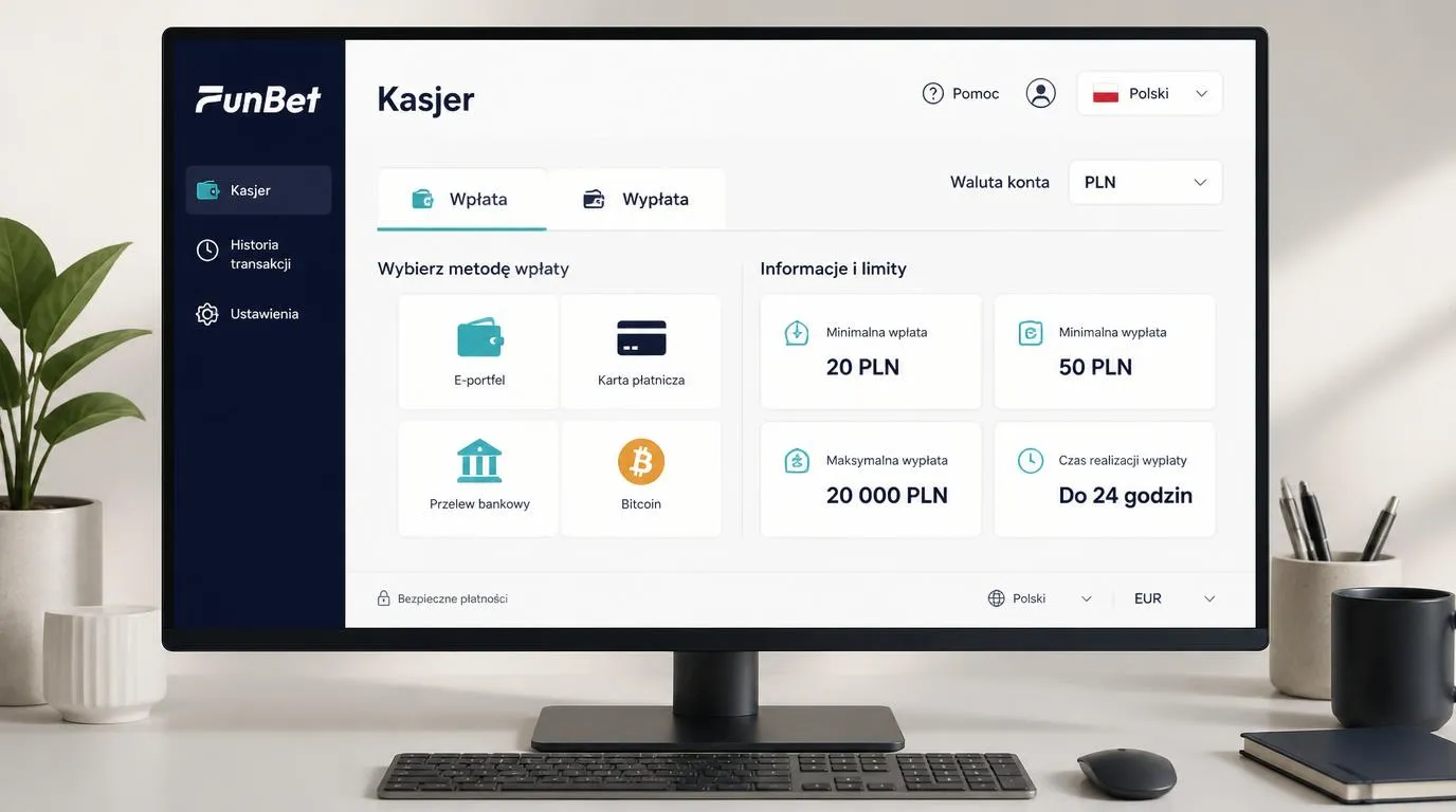 Panel kasy z saldem w PLN, wyborem metod płatności oraz progami wpłaty i wypłaty